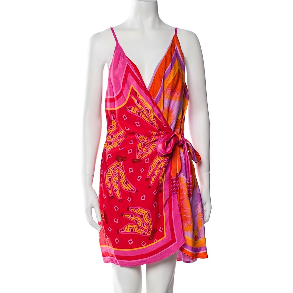 FARM Rio Vibrant Pink and Orange Wrap Mini Dress
